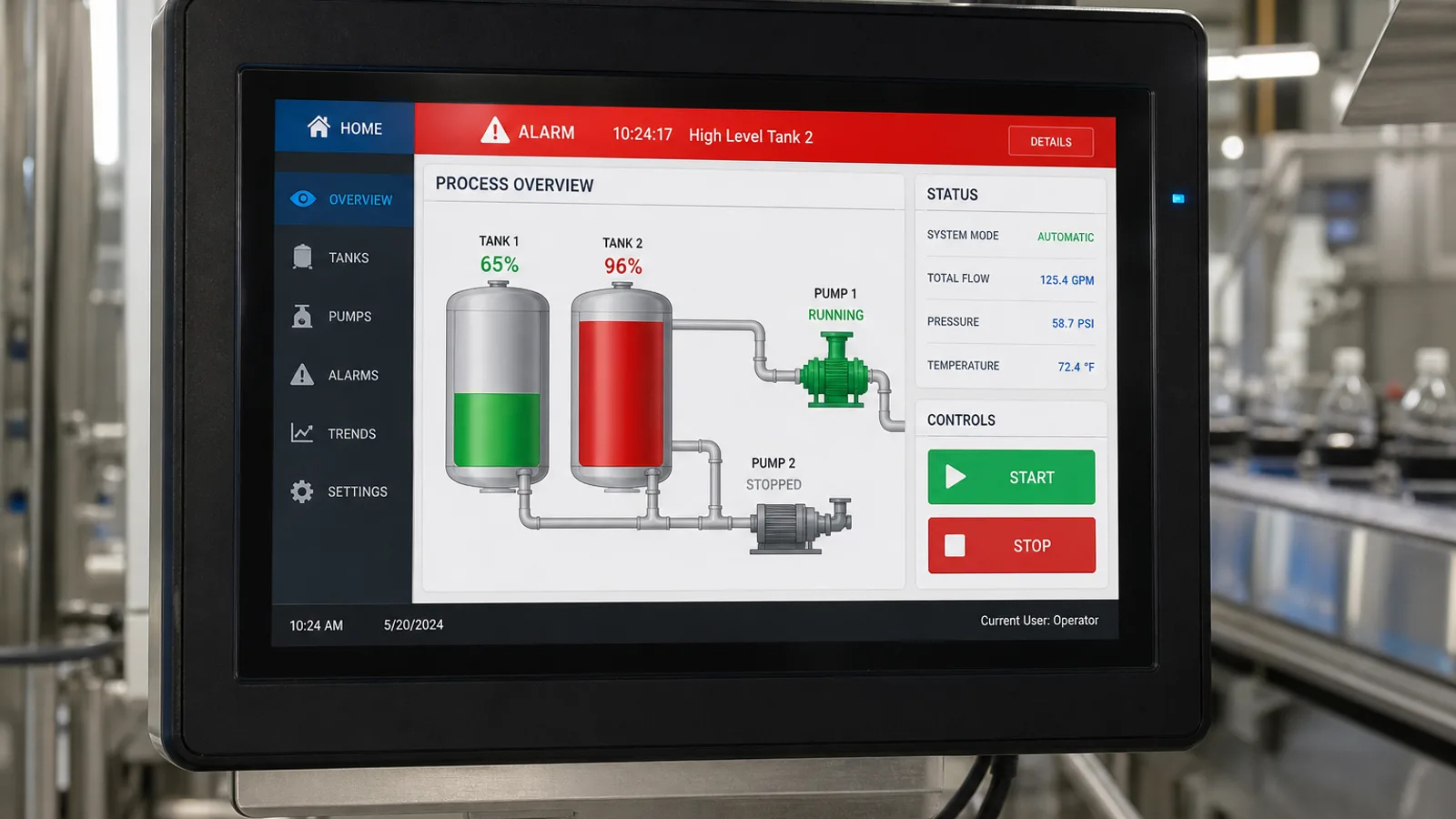 Industrial HMI touchscreen showing operator process controls and machine status