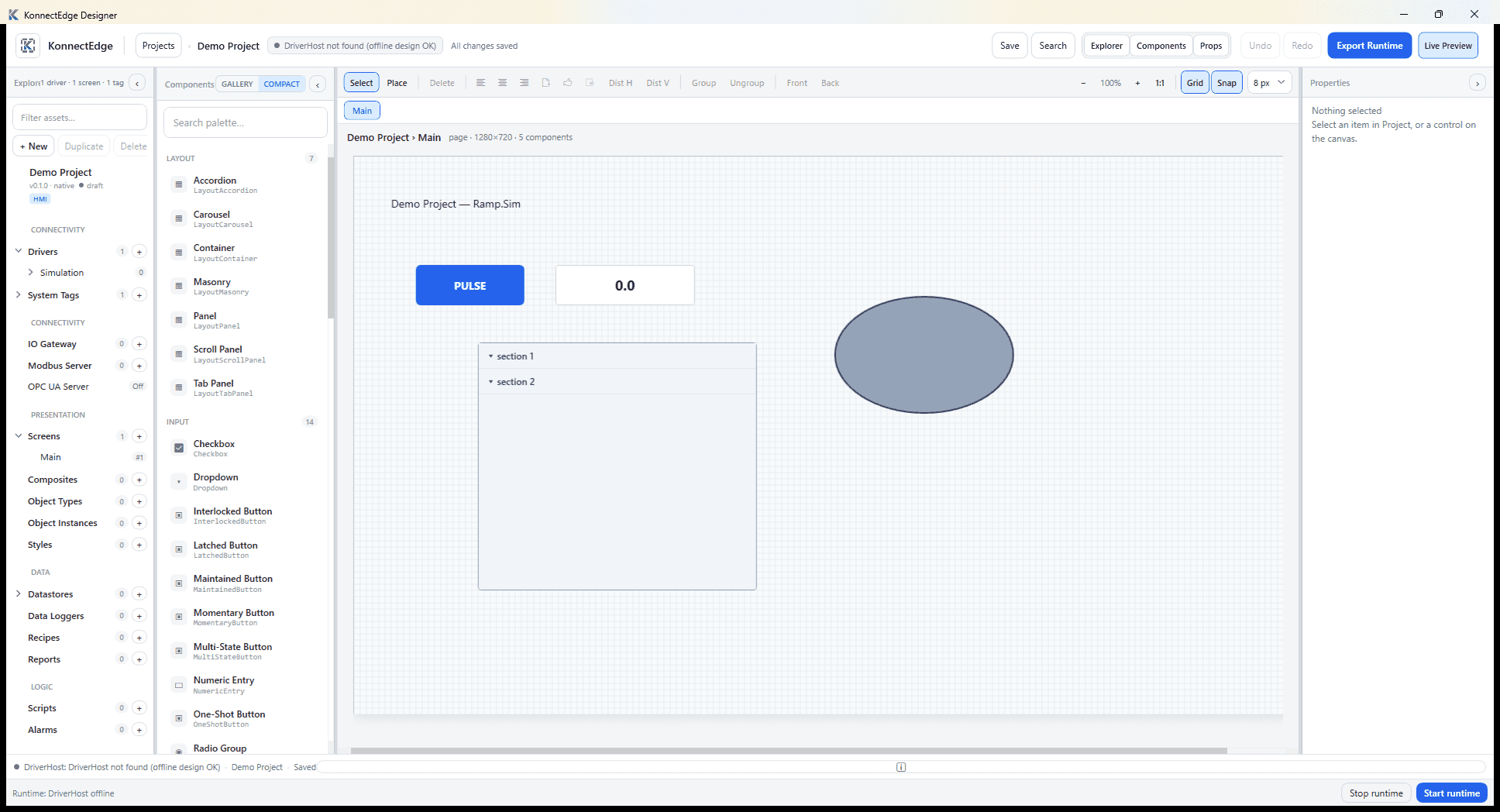 KonnectEdge Designer canvas with Demo Project HMI layout