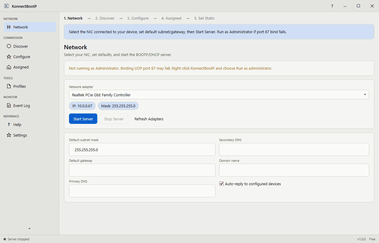 KonnectBootP network setup and BOOTP server controls
