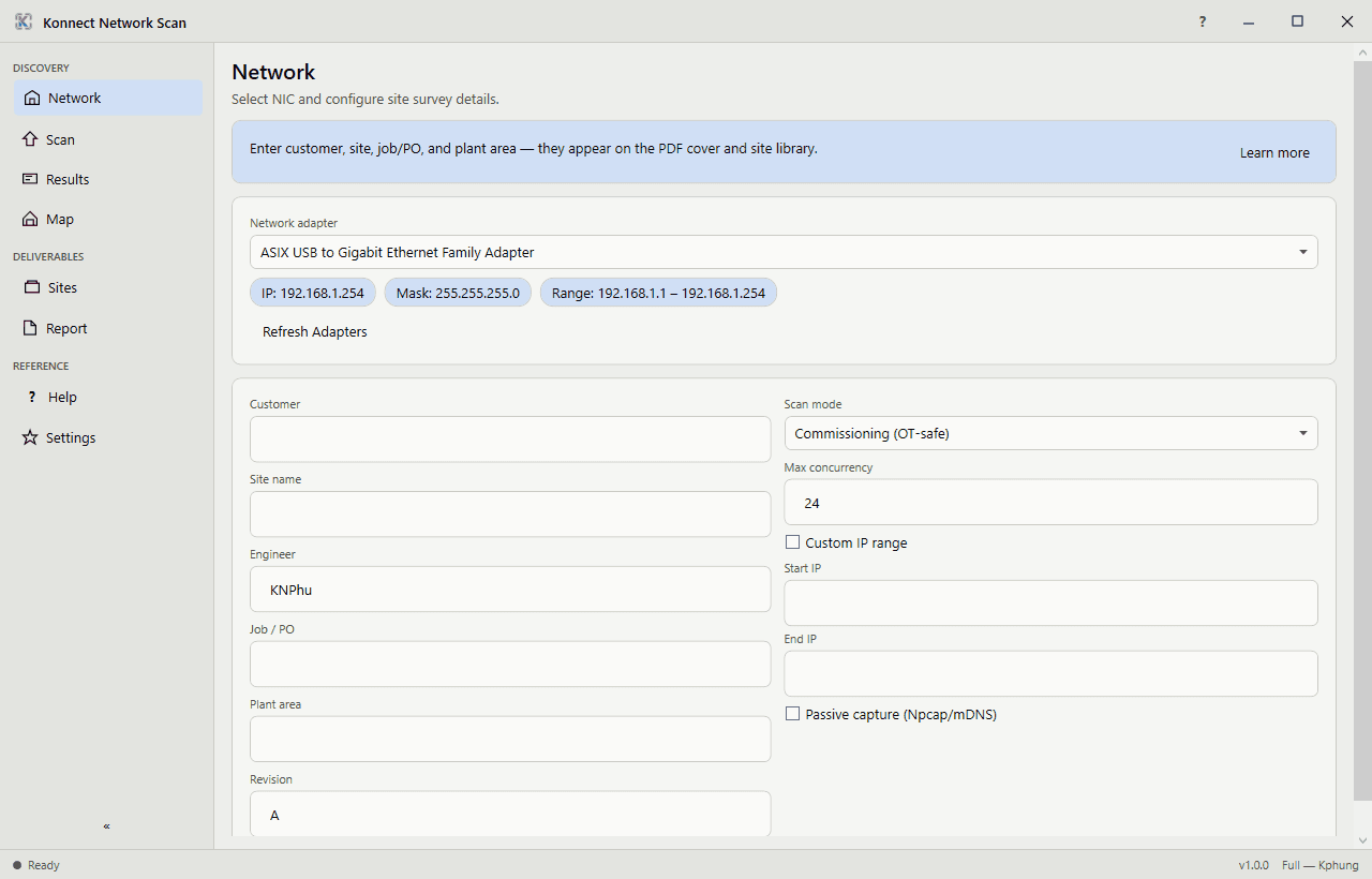 KonnectNetworkScan NIC selection and site survey setup