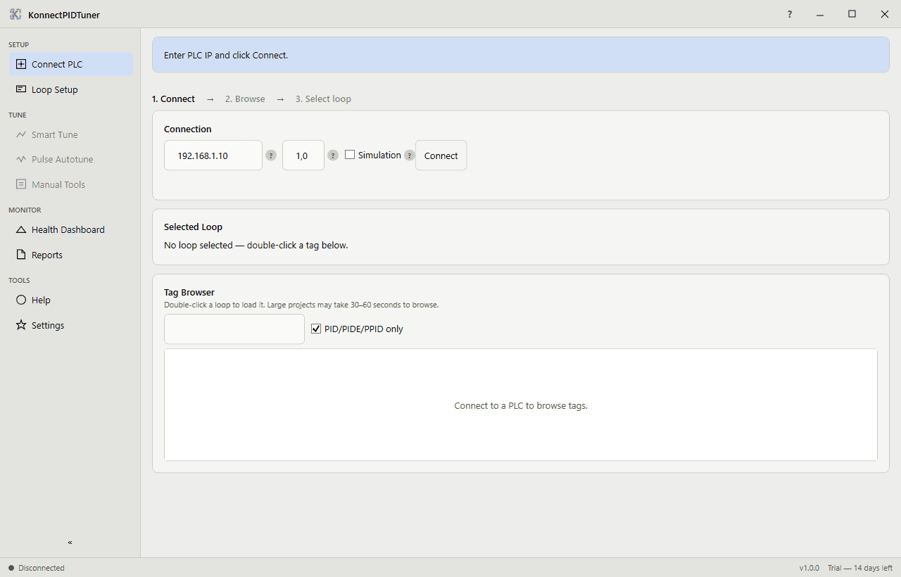 KonnectPIDTuner Connect PLC and loop selection workspace