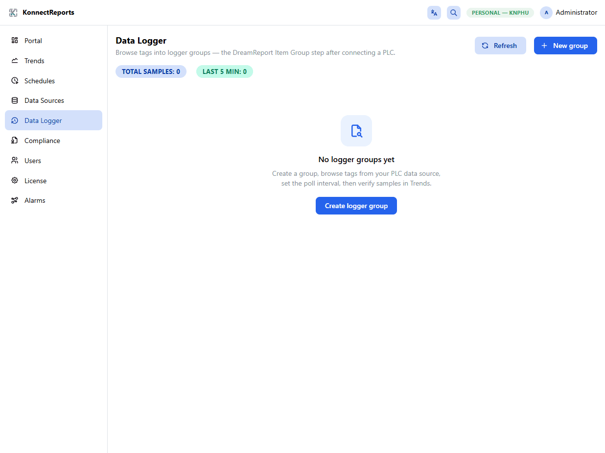 KonnectReports Data Logger workspace